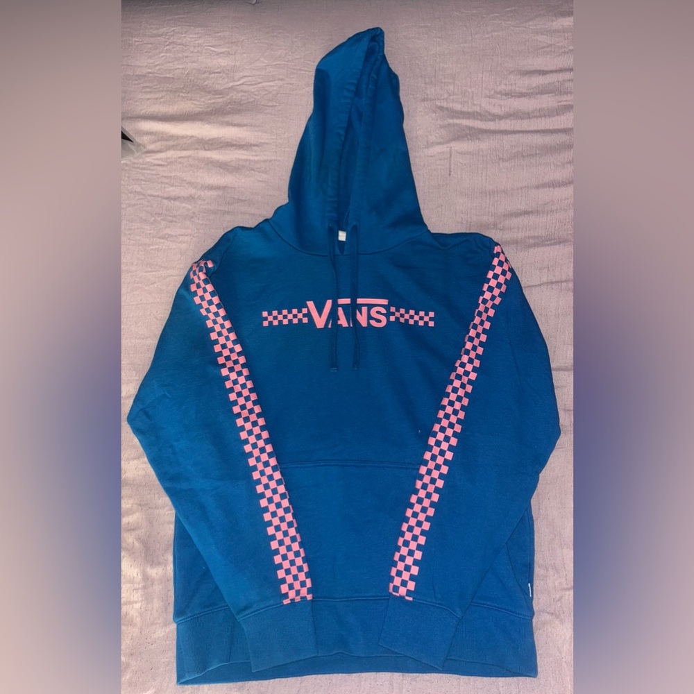 Vans Hoodie in Blue with Pink Checkered Stripes